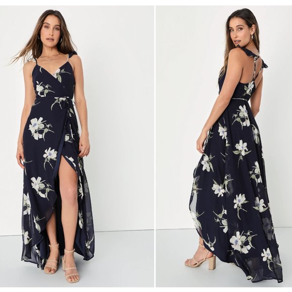 Lulus All Mine Navy Blue Floral Print High-Low Wrap Dress X-Small XS - Picture 1 of 5